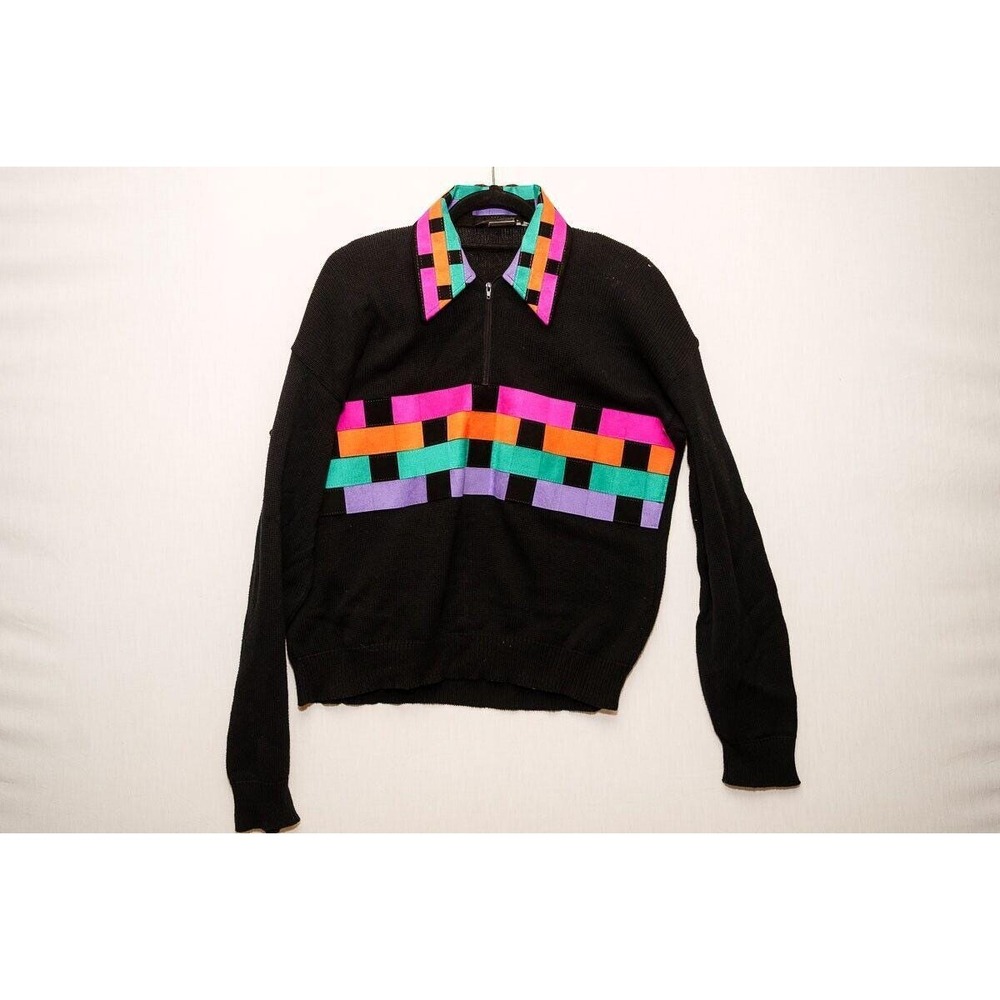 Vintage Black sweater leather collar accents RSB M unisex Cotton USA pastel